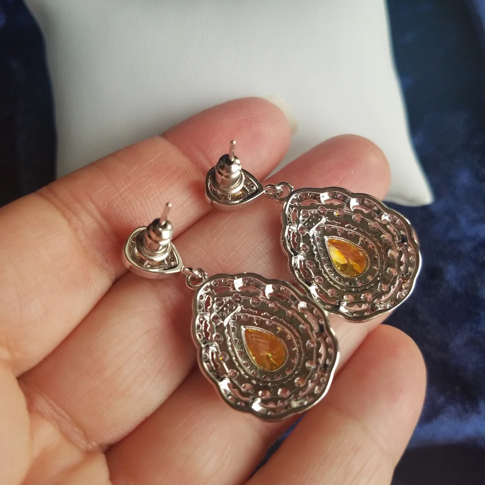 Swarovski Elements 925 Sterling Silver Large Yellow Citrine Teardrop Earrings - Picture 9 of 12